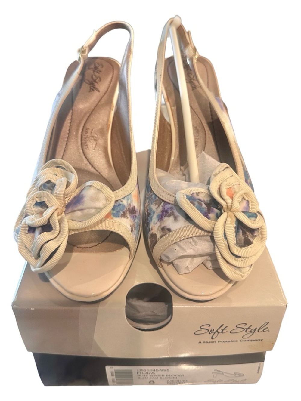 Nib, Women’s Soft Style “Fiona” Blue Water Bloom Peep-Toe Wedge Slingback, 8M